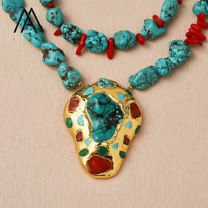 Collana Vintage Stile Bohémien <span class=keywords><strong>con</strong></span> Doppia Catena e Ciondolo in Turchese e Corallo Rosso, <span class=keywords><strong>Girocollo</strong></span> Placcato Oro <span class=keywords><strong>con</strong></span> Perline per Feste - Product Image 2