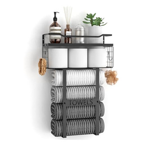 Porte-serviettes de salle de bain avec étagères, fixation murale, noir, 3 niveaux, pour serviettes et articles de toilette - Product Image 1