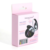 Caja de cartón rosa con pestaña colgante e impresión bilingüe para el empaque del kit de herramientas de pinzas de cejas con lupa LED