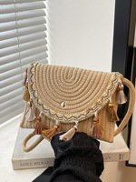 Sac bandoulière tissé bohème à pompons pour femme, mini sac à main ethnique pastel, sac messager décontracté pour l'été et la plage