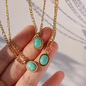 Precious Mint green oval natural crystals healing stones pendant gemstone necklace stainless steel titanium 18K gold jewelry