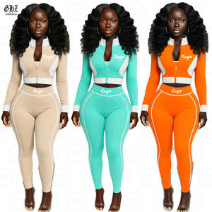 Y2K dames set met kleurblokken, op maat gemaakte logo skinny fit lange tops en leggings, loungewear, 2-delige outfit - Product Image 1