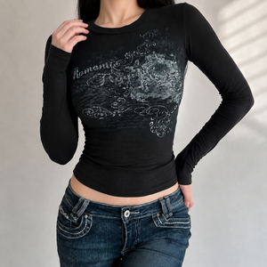 Retro Print Knit <b>Top</b>, <b>Long</b> <b>Sleeve</b> Women's T Shirt, Slim Fit Casual <b>Top</b>, <b>Y2K</b> Vintage Streetwear Fashion Style - Product Image 2
