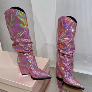 Botines de tacón alto y grueso para mujer, con punta en pico, hasta la rodilla, coloridos, con parte superior plisada metálica. - Product Image 6