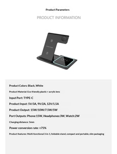 ZZx <span class=keywords><strong>Chargeur</strong></span> sans fil 3-en-1 à bas prix pour téléphones mobiles Android/iOS, montres et écouteurs - Support de charge vertical pliable en ABS 15W - Product Image 6