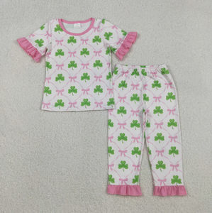 Wholesale Summer Dresses <strong>St</strong>-<strong>Patricks</strong>-<strong>Day</strong> Four-Leaf Clover Prints Girls <strong>Outfit</strong> Set - Product Image 1