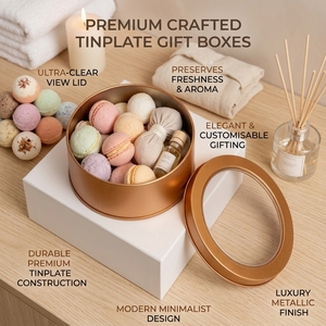 Boîte en fer blanc ronde personnalisée avec logo et couvercle à fenêtre transparente, pour coffret de bombes de bain, emballage cadeau anti-stress pour femmes - Product Image 1
