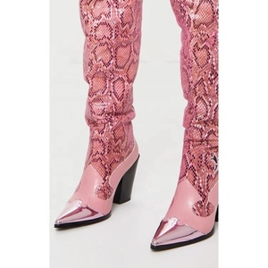 High Heel Snakeskin Print PU Upper Mesh Shaft Women Pointed Toe Thigh High <b>Boots</b> Large Size 43 Slip-on Over Knee High <b>Boots</b> - Product Image 4