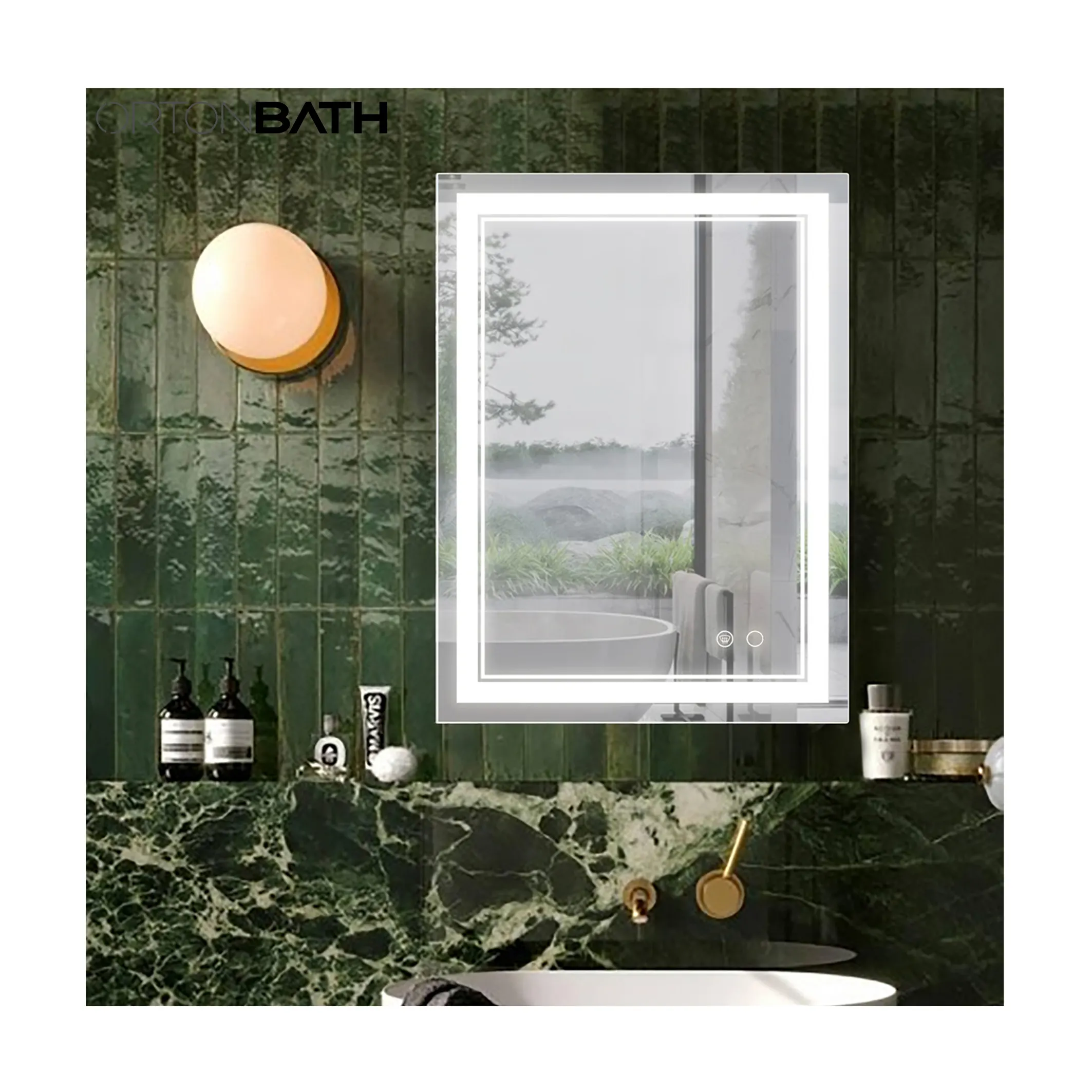 ORTONBATH LED Bathroom Mirror with Front and Back Light 3 Color Dimmable Wall Mounted Bathroom Mirror Lights Waterproof