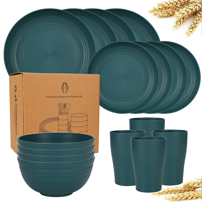 Ensemble vert foncé de 16 pièces comprenant des bols de 23/20/15 cm et des tasses à taille fine.