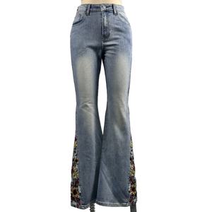 Jeans de Mujer de Alta Costura OEM con Bordado Floral, Pantalones Vaqueros de Cintura Alta, Casuales, Tradicionales, Lavado Azul Claro - Product Image 1