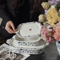Plat de cuisson rectangulaire en céramique de luxe léger, bleu rose français, pour riz cuit, avec couvercle, idéal pour le stockage et les fruits