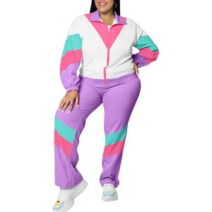 Conjunto Deportivo Personalizado para Mujer, Talla Grande, 2 Piezas, Chaqueta Cortavientos de Manga Larga, Color Morado, Rosa y Verde, Estilo Color Block, para Fiesta - Product Image 5