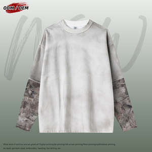 เสื้อยืดฮิปฮอปผู้ชายทรงหลวม แขนยาว ลายพรางวินเทจ ถักทอระบายอากาศได้ดี เป็นมิตรกับสิ่งแวดล้อม สีตัดกัน เหมาะสำหรับฤดูใบไม้ร่วง - Product Image 2