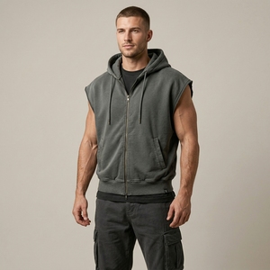 Sudadera con capucha sin mangas de forro polar grueso de doble capa con cremallera completa, estilo estético, para gimnasio, color negro lavado, de corte oversize - Product Image 3