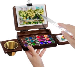Hộp gỗ xách tay màu nước Palette hộp lưới có thể gập lại Walnut Palette đi easel với du lịch màu nước bàn chải hộp gỗ - Product Image 1