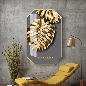 Foglia d'oro astratta 3 pezzi di porcellana di cristallo pittura <span class=keywords><strong>Poster</strong></span> immagine decorativa stile nordico soggiorno decorazione - Product Image 3