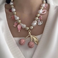 Collier tendance pour filles, enfants et femmes, perles en acier inoxydable, charm mignon en forme de cerise corail, plaqué or 18 carats