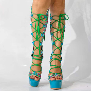 <span class=keywords><strong>Botas</strong></span> Altas de <span class=keywords><strong>Plataforma</strong></span> con Estampado a Cuadros y Punta Abierta para Verano, Sandalias con <span class=keywords><strong>Cordones</strong></span> para Mujer, Tallas Grandes 47, Zapatos de Tacón Alto, Botines Largos con Recortes - Product Image 2
