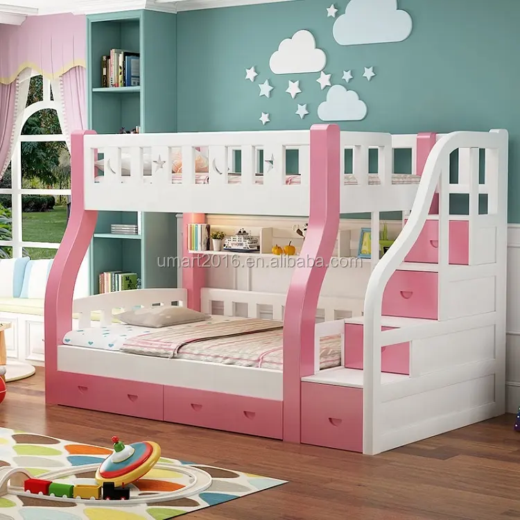 Luxe Moderne Hout Kind Bed Meubels Roze Multifunctionele Ladder Ontwerpen Comfortabele Dubbele Stapelbed Kinderen Kids Meisje Bedden