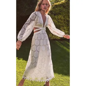 Robe Maxi en dentelle, décolleté en V plongeant pour femmes, disponible en blanc, modèle le Plus récent design,, A5995