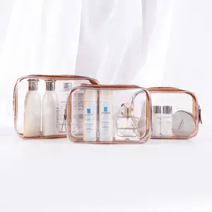 Su geçirmez temizle makyaj çantası seyahat kılıfı makyaj çantaları şeffaf PVC kahverengi kozmetik çantası