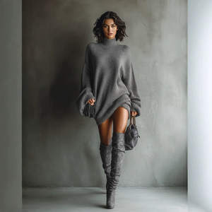 Abiti Mini <span class=keywords><strong>in</strong></span> <span class=keywords><strong>Maglia</strong></span> a Costine Lavorati a <span class=keywords><strong>Maglia</strong></span> da Donna 2026 Chic Boutique, Vestiti Oversize a Collo Alto con Maniche a Lanterna per Autunno Inverno - Product Image 3