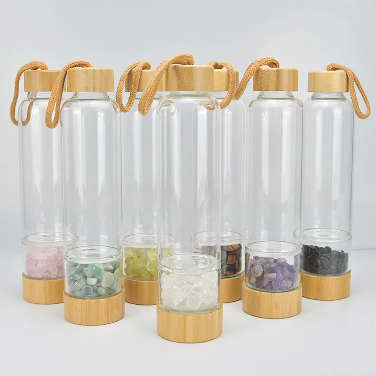 High Capacity Crystal Power Stone Drinking Cup Infused Gemstone Borosilicate Glass Water Bottle With Bamboo Lid