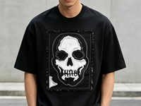 T-shirt Noir Grunge Distressed à Broderie Crâne, Coupe Boxy Oversize, Style Streetwear, Fournisseur OEM ODM de Vêtements Lourds