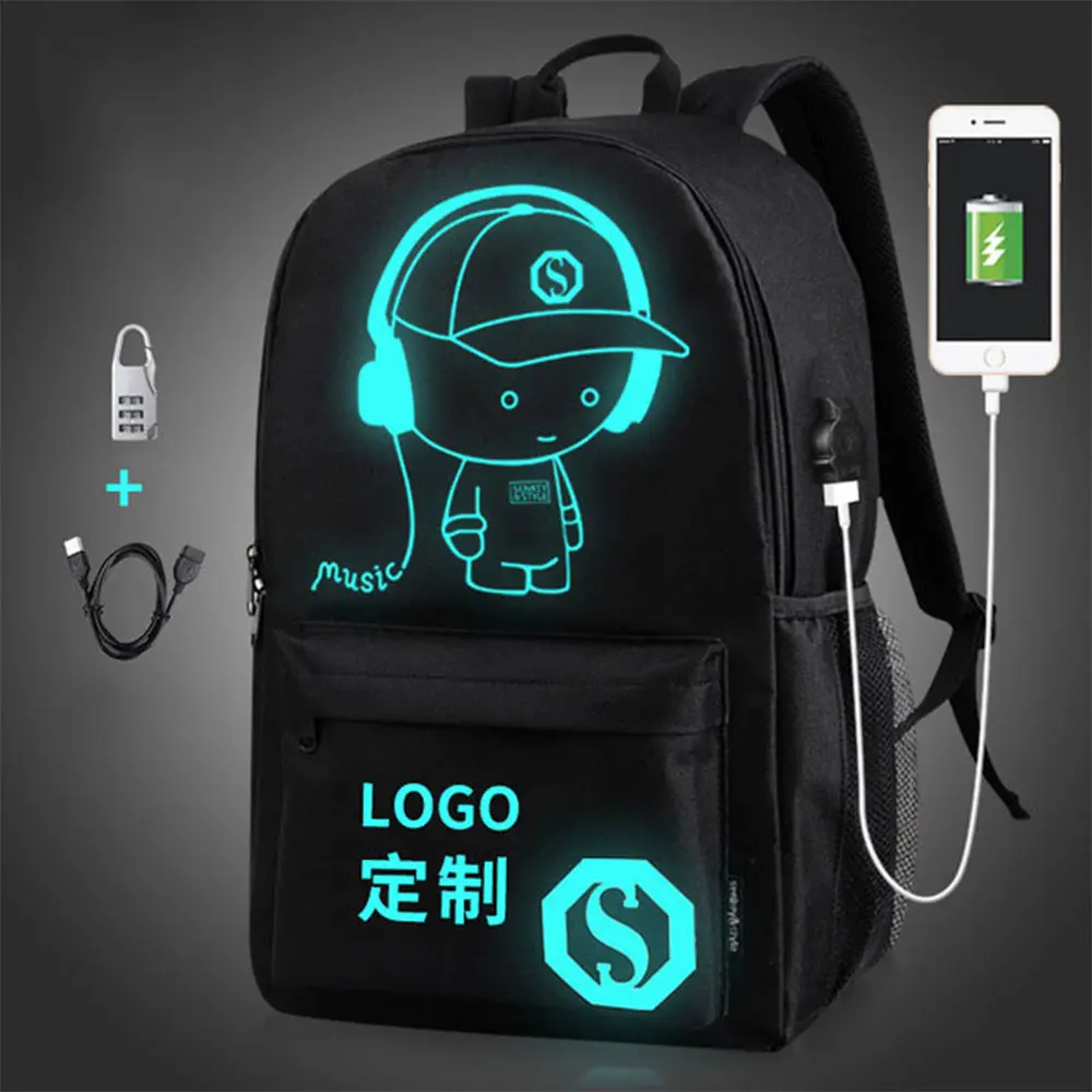 Venda quente Poliéster Faculdade Sacos Escola Mochila Meninos Adolescente USB Geométrica Luminosa Viagem Mochila Para Homens