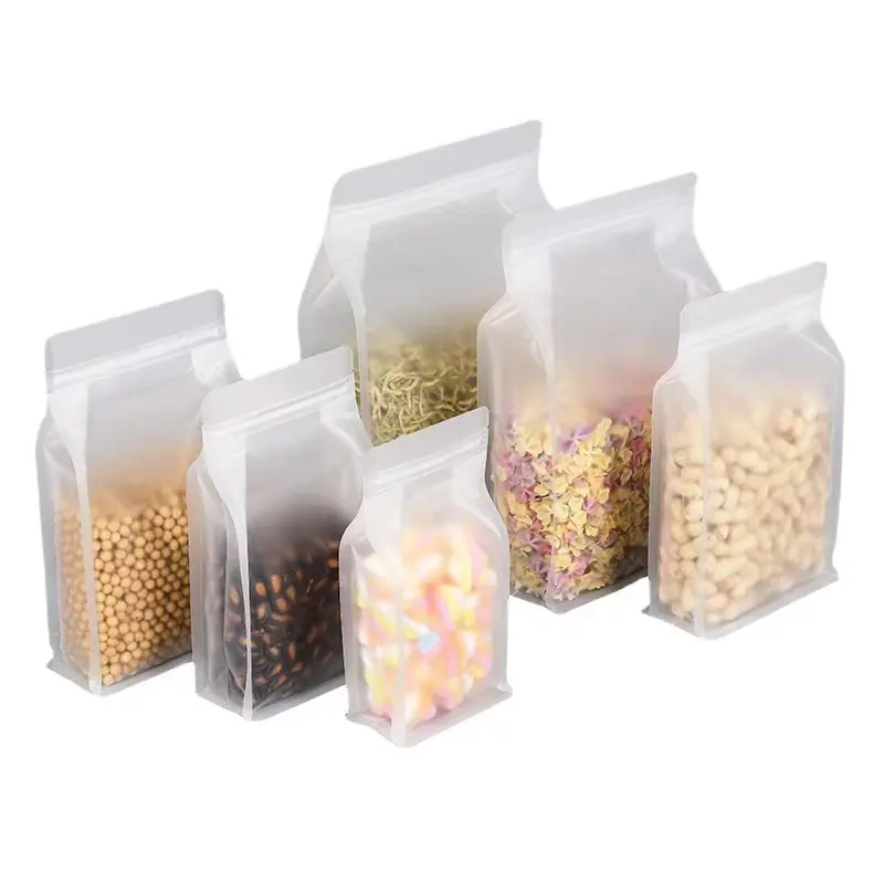 Sacchetto con cerniera in plastica di vendita calda con manico sacchetto a fondo piatto trasparente richiudibile per alimenti secchi