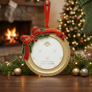 Traditional Round Metal <b>Christmas</b> Ornament with Red Bow and Holly 2.5x2.5 in Glossy Finish Indoor Decor - Product Image 2