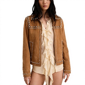 Warm Tan Brown Suede Leather Jacket <b>for</b> Women, <b>Studded</b> Fitted Suede Jacket, Brown Jacket, Embellished Leather Jacket - Product Image 1