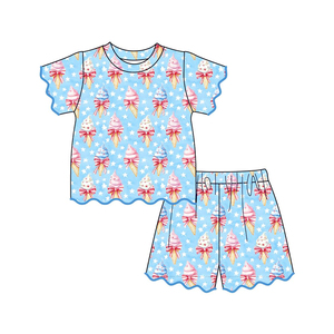GSSO3547 Conjunto infantil personalizado para niña, con estampado de estrellas de helado azul, manga corta y volantes, venta al por mayor - Product Image 1
