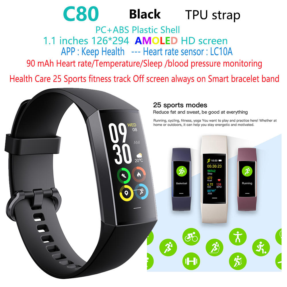 Negro C80 Sport fitness Tracker pulsera inteligente reloj banda