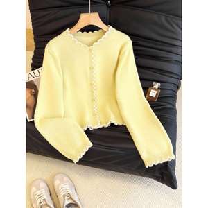 Ruffle Trim Long Sleeve <b>Cardigan</b> Black And <b>White</b> Women's Knitwear - Product Image 4