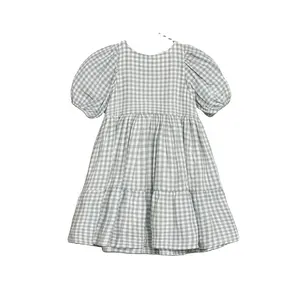 Impresión personalizada OEM azul polvoriento Gingham niñas vestidos 2-12 niños ropa vestidos de noche 1-14 vestidos de fiesta para las niñas