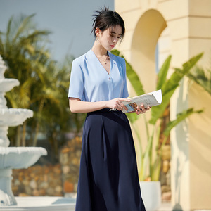 White Chiffon Satin Blouse Short Sleeve V Neck Elegant Office Shirt Women's Top Solid Color Polyester Fabric - Product Image 3