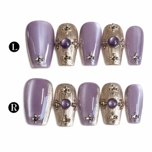 Faux ongles en acrylique à pression avec strass violets, couvrance totale, longueur moyenne, avec colle pour doigts - Product Image 1