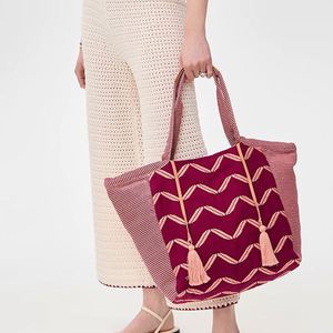 Custom <b>Large</b> Portable Autumn <b>Beach</b> Tote <b>Bag</b> Ladies Canvas Shoulder Tote <b>Bags</b> Tassels Open Closure Embroidery Stripes Summer - Product Image 1