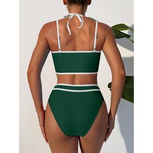 Womens Halter Bikini <b>Set</b> Two <b>Piece</b> High Waist Swimwear Sporty Crop Top Bathing Suit Green With <b>White</b> Trim Summer Beach Wear - Product Image 4