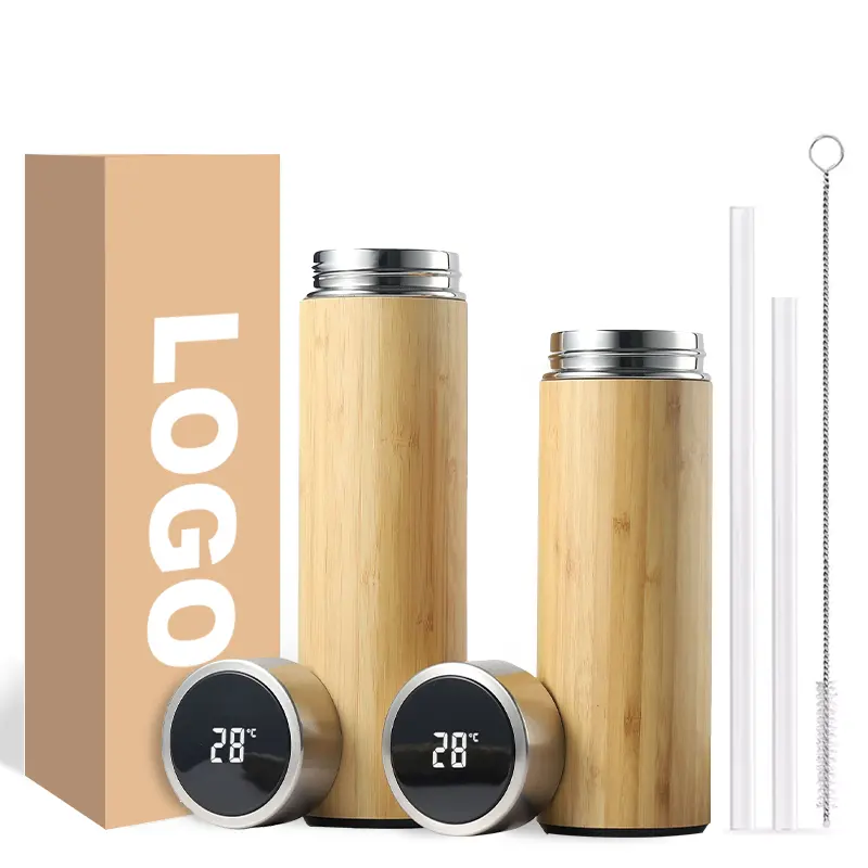 LED Smart Temperature Display 500ml Double Wall Vacuum Thermos Tea Infuser Bamboo Water Bottle with Strainer
