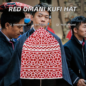 <b>Bold</b> Red White Omani Kufi Hat Embroidery Muslim Prayer <b>Cap</b> Men Traditional Islamic Headwear Acrylic Satin Breathable - Product Image 2