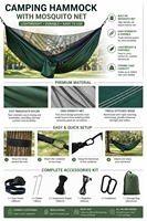 Hamac de camping portable extérieur 3 m avec moustiquaire, mousquetons, sangles d'arbre, conception parachute, nylon 210T, capacité 150 kg, tout usage
