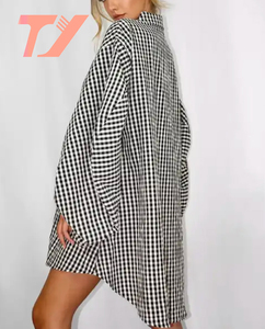 Vestido TUOYI 100% vestidos casuales de algodón muestra un patrón de guinga blanco y negro vestido de camisa de guinga - Product Image 2
