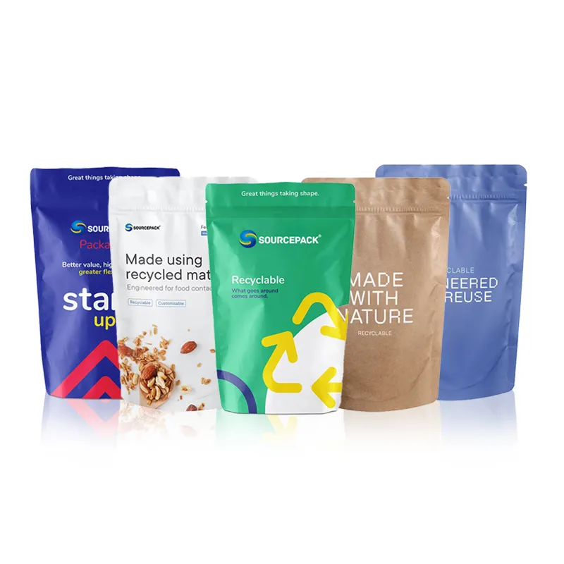 Custom Doypack Eco Friendly imballaggio riciclabile richiudibile chiusura a chiusura lampo cibo tè trucco in polvere sacchetti di plastica