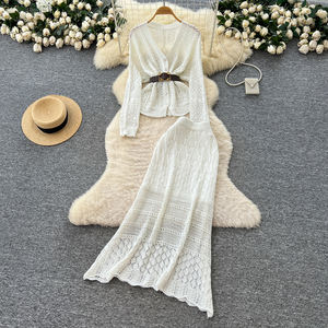 Da donna Set 2 pezzi Cardigan in maglia a maniche lunghe all'uncinetto <span class=keywords><strong>con</strong></span> gonna a due pezzi completo da donna - Product Image 1