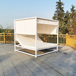 Modern Hotel Pool Beach Furniture White Aluminum Square <strong>Outdoor</strong> Double Cabana <strong>Daybed</strong> <strong>Canopy</strong> <strong>With</strong> Curtains - Product Image 6