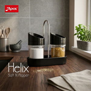 Ensemble de salières et poivrières Anax Helix avec support rotatif, en plastique noir, pour rangement d'épices sur table - Product Image 1