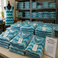 Mini-robe femme personnalisée au crochet à la main, motif vague, turquoise, col en V, bretelles spaghetti, ajourée, moulante, plage, OEM, vente en gros, marque privée